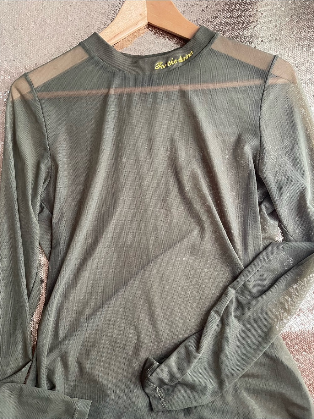 Chloé x DOMI Olive Green Sheer Mesh Top w/ embroidered Gold Script- unique